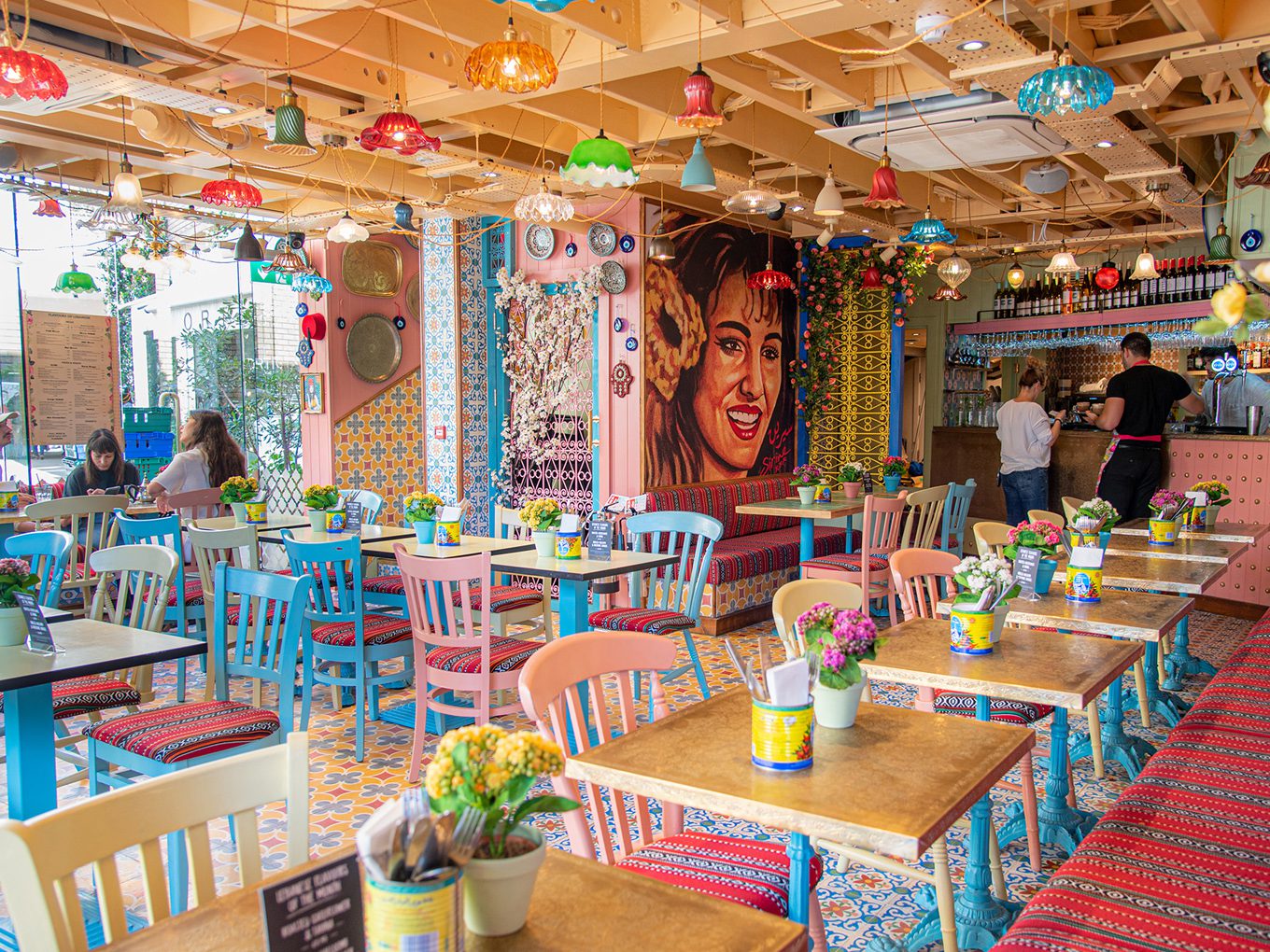 restaurant floor with blue and pink lebanese decoration